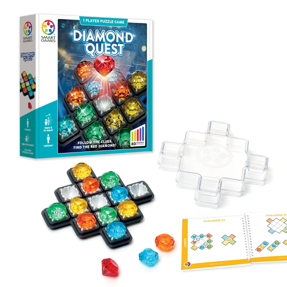 Diamond Quest puzzle game; multicolored crystal gems and clear tray