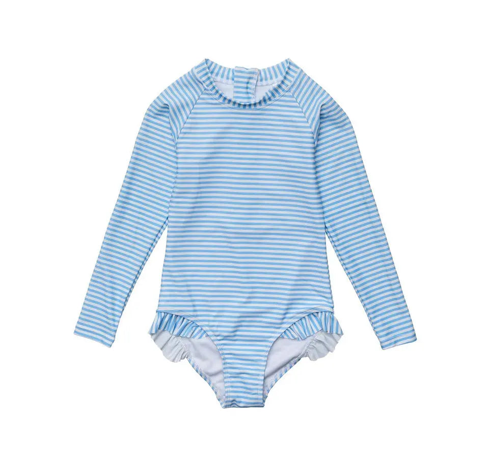 Surf suit cornflower stripe, long sleeves, with ruffle bottom