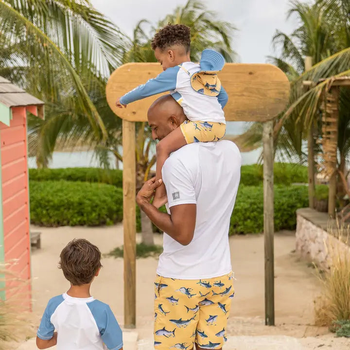 Snapper Rock Sunrise Shark baby set, yellow shark-print shorts with blue sleeves