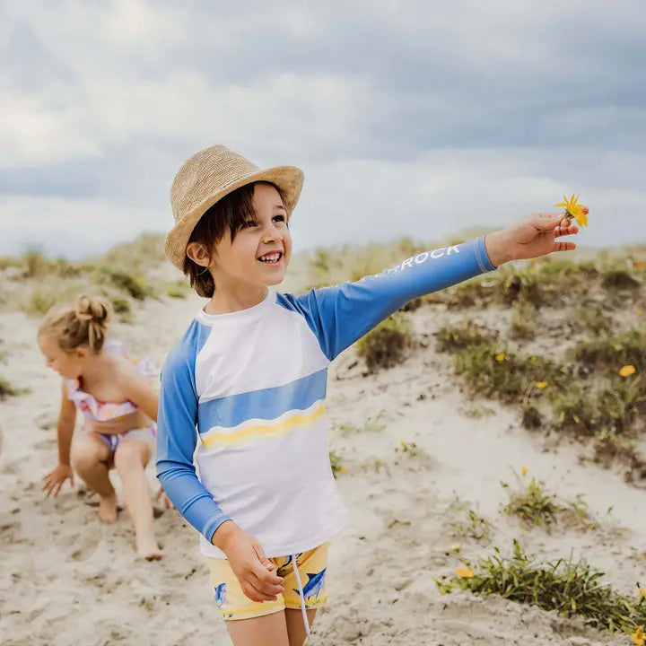 Snapper Rock Sunrise Shark baby set, blue rash guard and yellow shorts