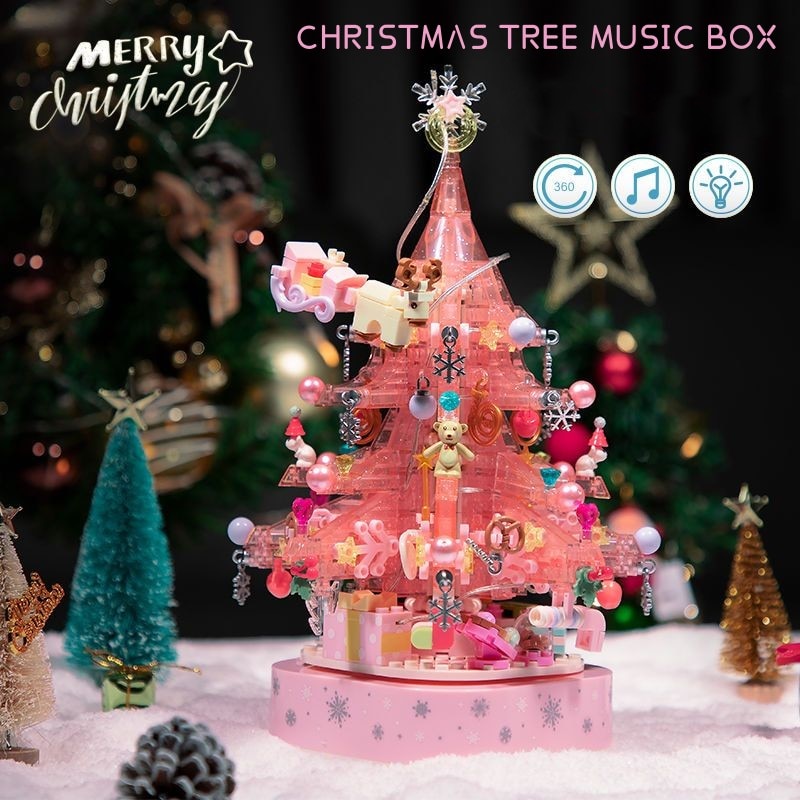 Sembo block Christmas music box with pink light-up tree anime model kit for kids