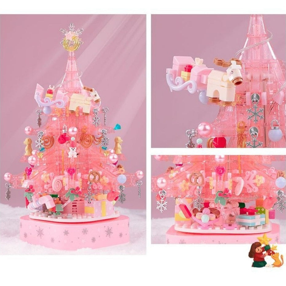 SEMBO pink Christmas music box with light-pink tree, anime-style building kit for kids