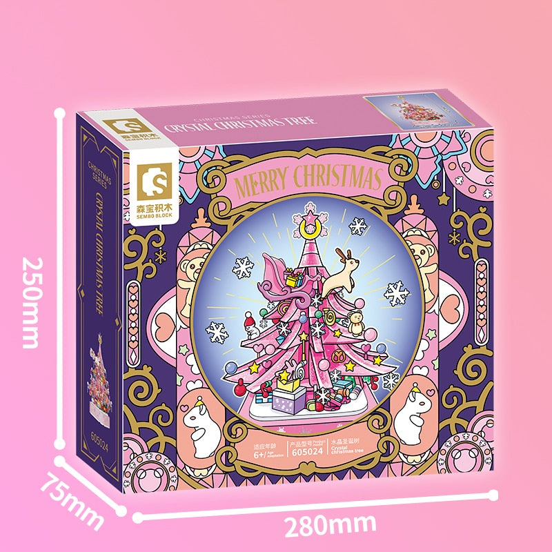 Sembo block Christmas music box with a light pink tree anime model building kit for kids