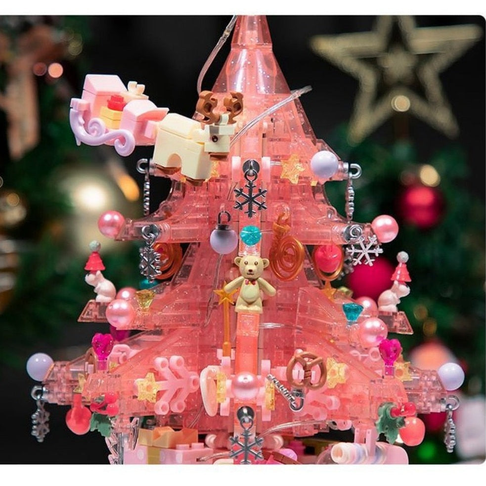 Sembo Block Christmas music box with light pink translucent tree anime model for kids by SEMBO