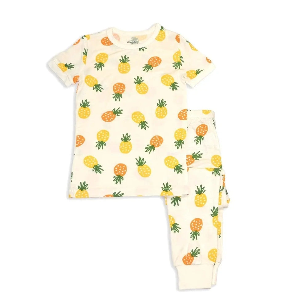 Silkberry Baby Bamboo Short Sleeve 2 Pc Pajama Set Pineapple Love laid flat, cream with yellow-orange pineapple print