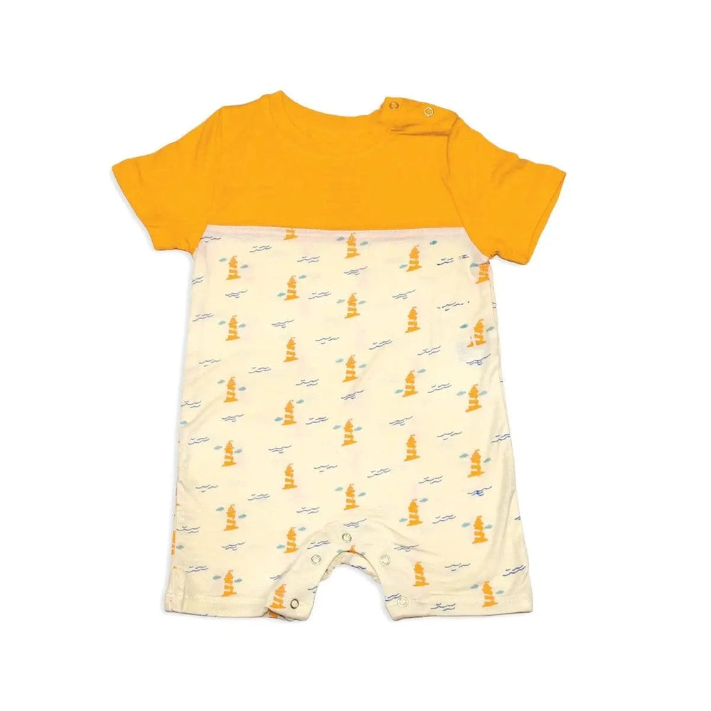 Silkberry Baby Bamboo Short Sleeve Romper Lighthouse, yellow top with cream lighthouse print; shoulder snaps.