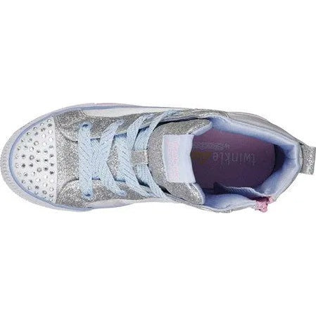 Skechers Twinkle Toes Shuffles Lite Dainty Wingz Toddler sneaker, top-view, silver glitter with light-blue laces.