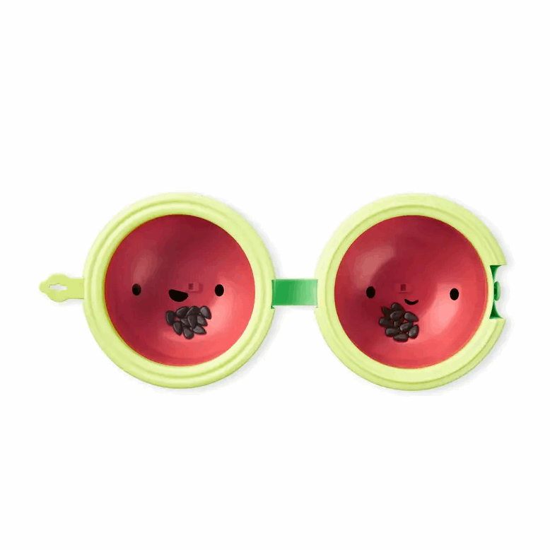 Skip Hop Farmstand Melon Drum set with 2 lime-green framed pink drums featuring black seed accents