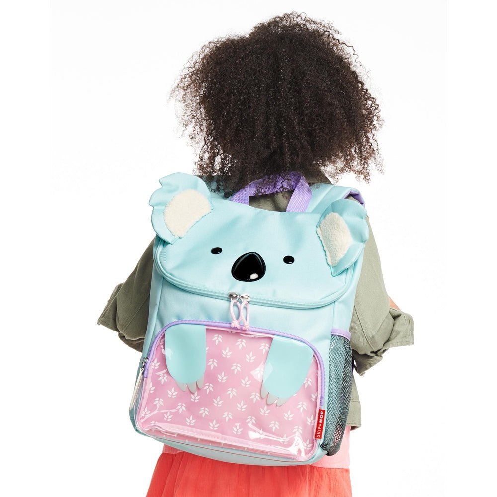 Skip Hop Zoo Koala backpack in light blue with pink front pocket and teal ears