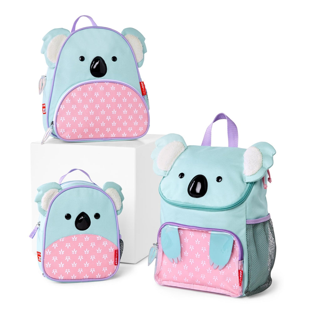 Skip Hop Zoo Koala big kid backpack set (3-pack): pastel blue bags with pink patterned front pockets.
