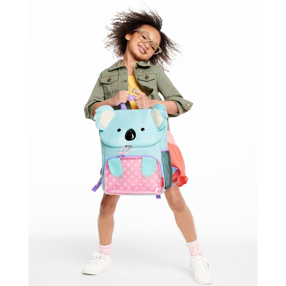 Koala backpack from SKIP HOP Zoo Big Kid; pastel aqua body with pink front pocket and purple straps
