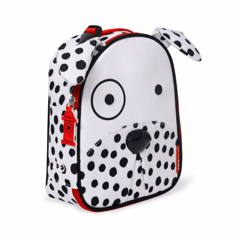 Skip Hop Zoo Dalmatian insulated lunch bag backpack, white with black spots and red zipper