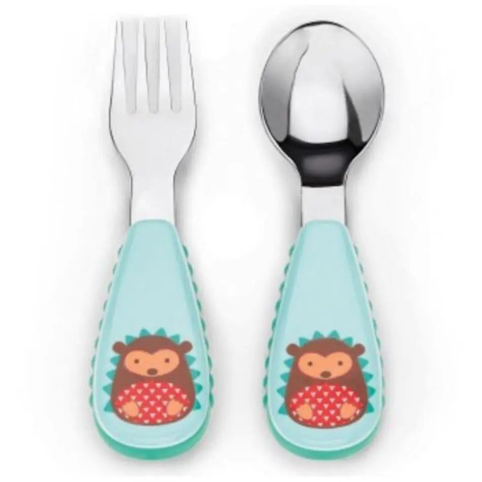 Skip Hop Zoo Utensil Set with turquoise handles and hedgehog graphics, fork and spoon ready for toddlers.