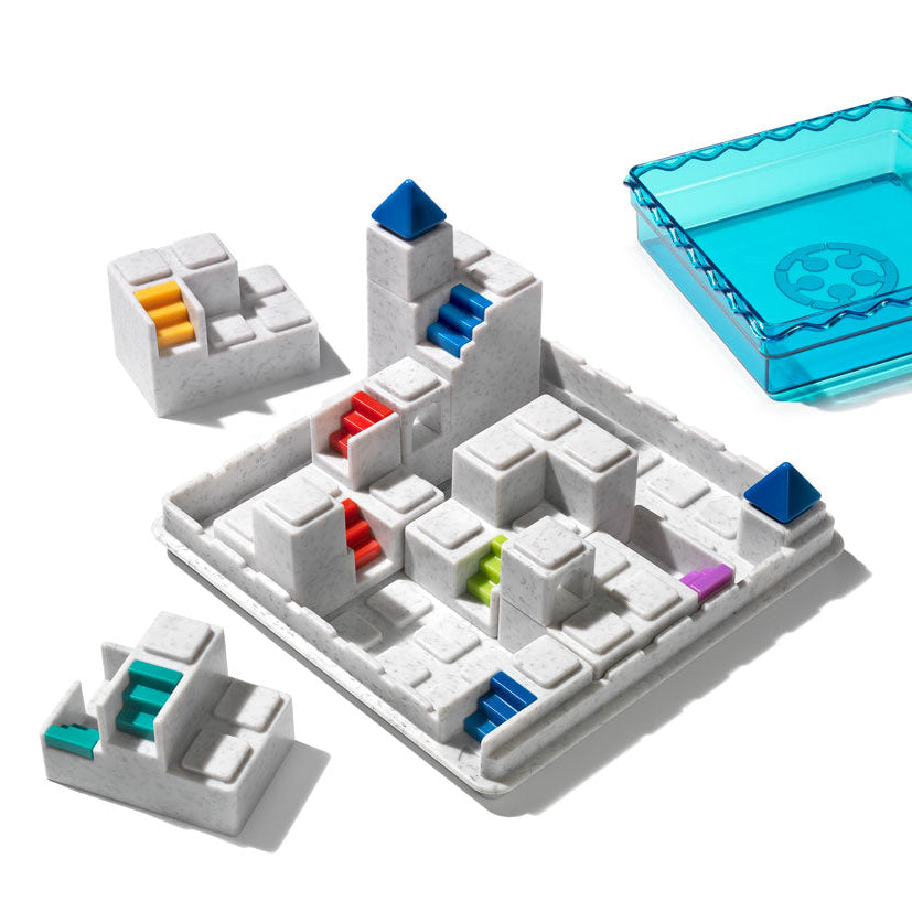 Smart Games Atlantis Escape puzzle with white modular blocks and colorful sliders, blue storage tray