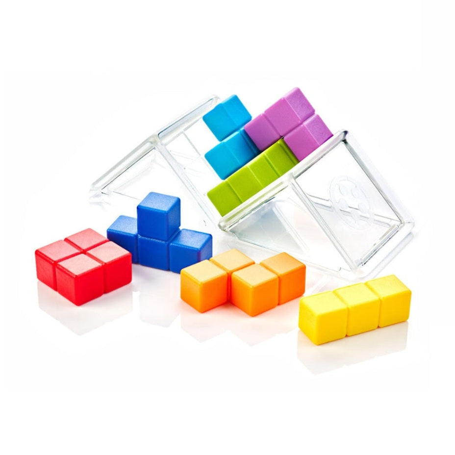 Smart Games Cube Puzzler Go educational toy set with colorful plastic cubes and clear storage box