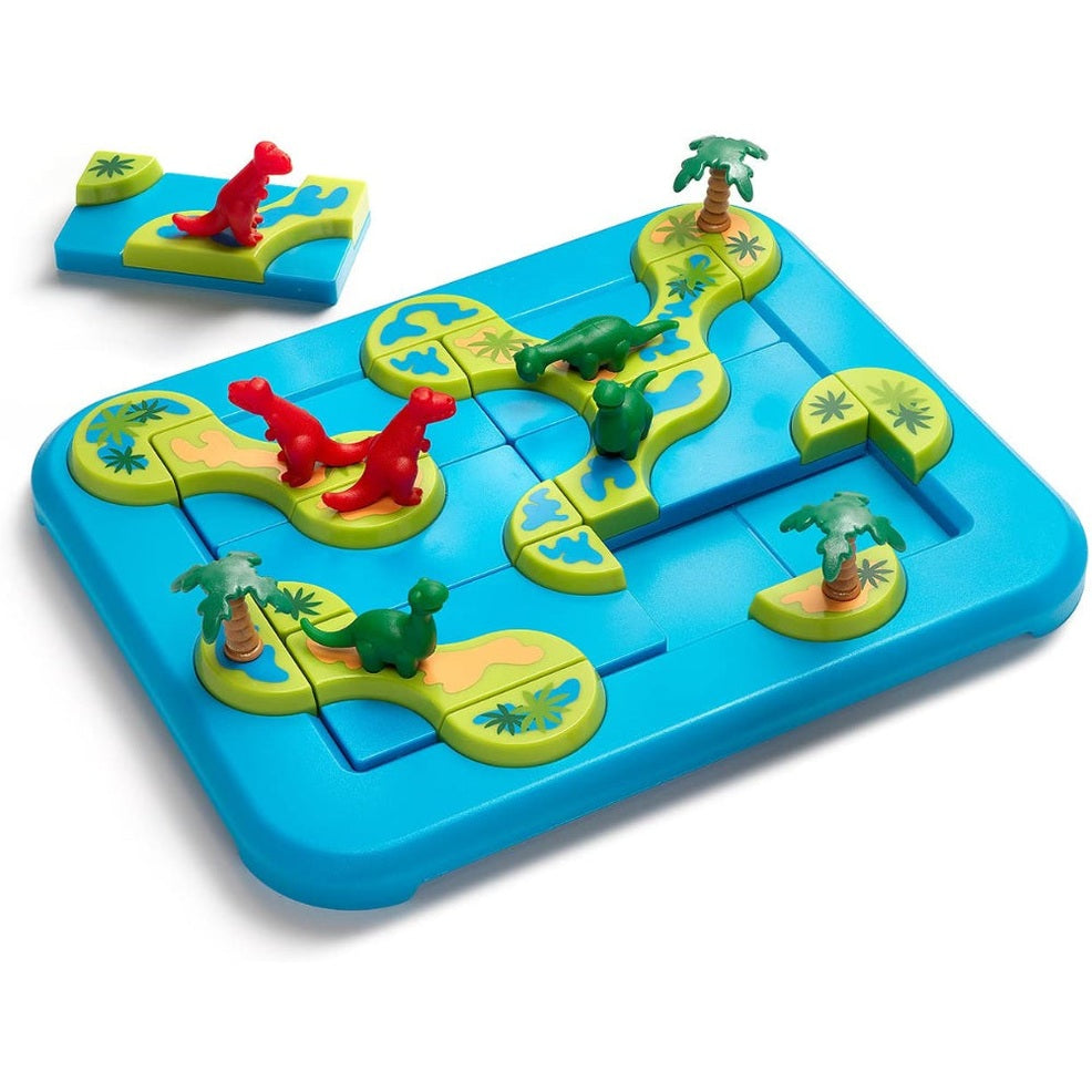 Smart Games Dinosaurs Mystic Islands puzzle board with green and red dinosaurs on colorful island tiles