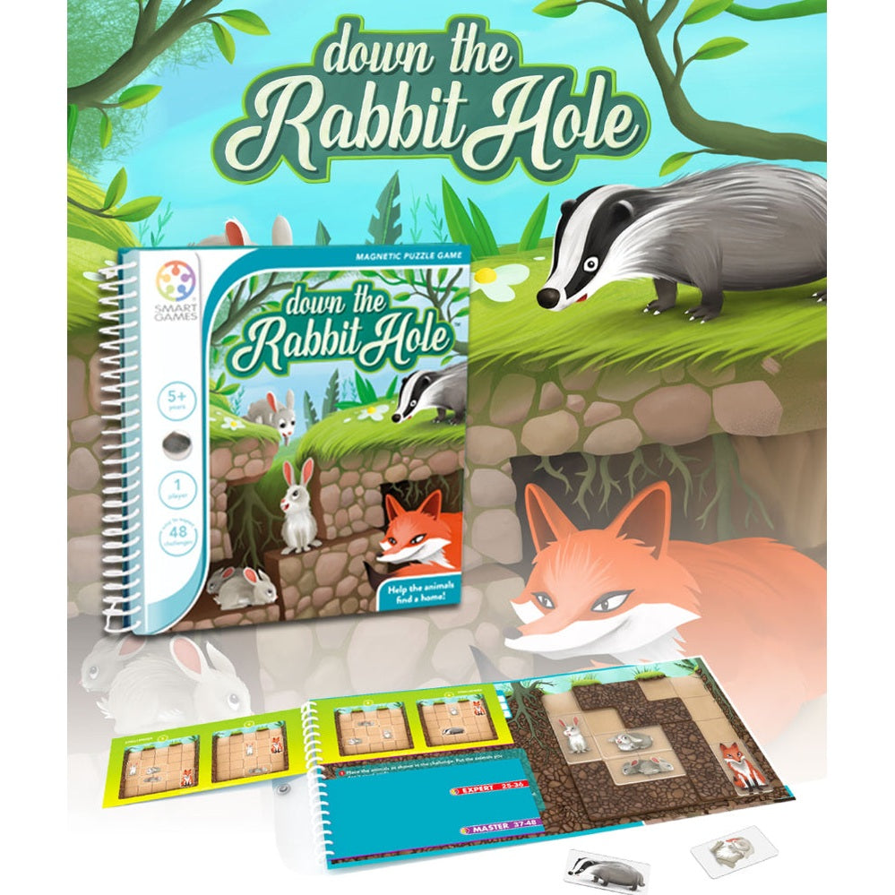 Smart Games Down the Rabbit Hole educational puzzle toy for kids with spiral booklet and activity cards