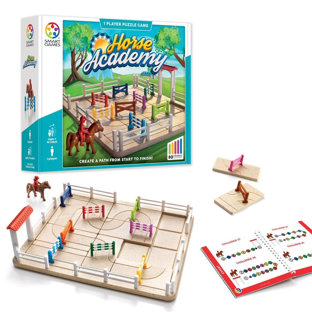 Smart Games Horse Academy puzzle game in a bright arena with colorful fences and rider figures.