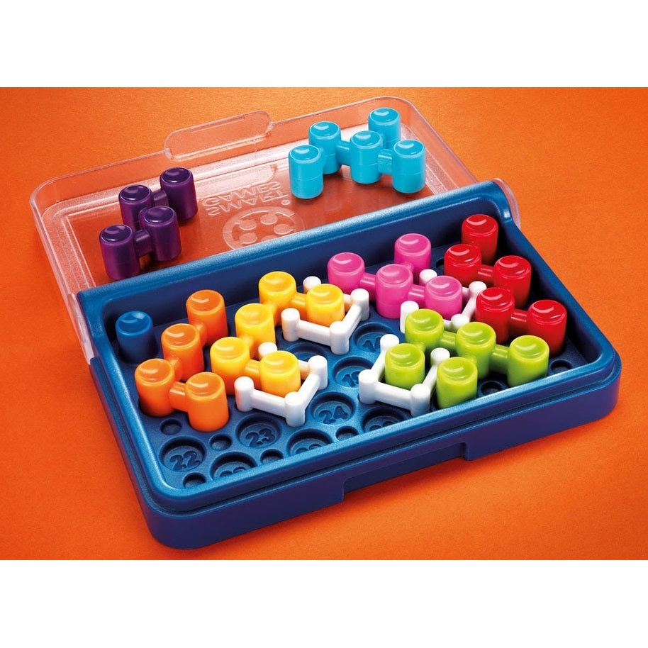 Smart Games IQ Blox puzzle game in a blue case with colorful pegs and white connectors for focused play