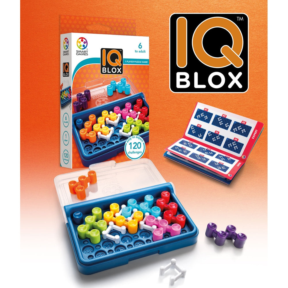 IQ Blox puzzle by Smart Games; colorful pegs in blue tray, 120 challenges for 1 player