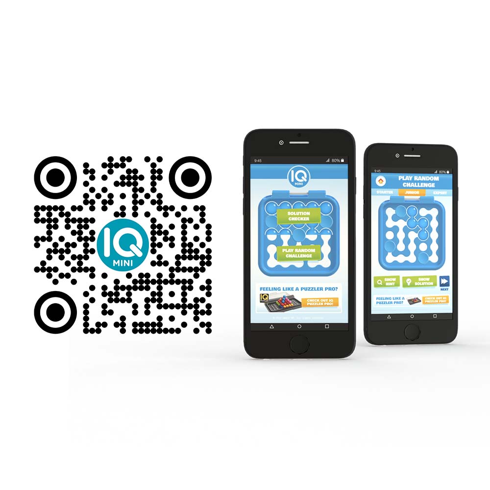 Smart Games IQ Mini puzzle toy with QR code and two smartphones displaying blue puzzle screens