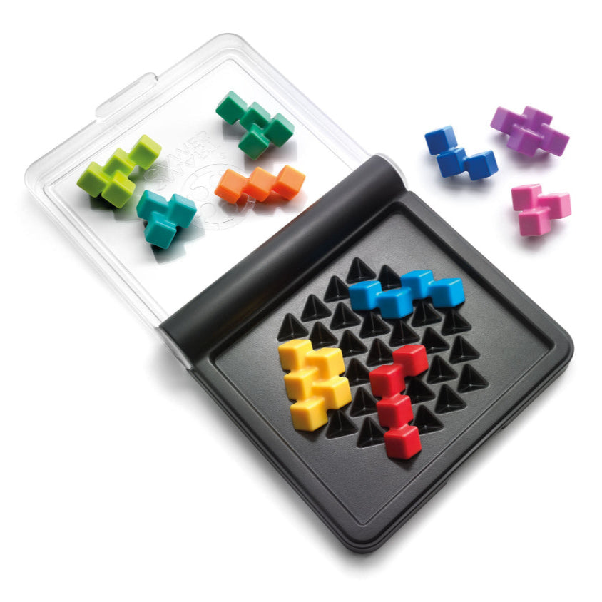 IQ Perplex puzzle game by Smart Games with colorful cross-shaped blocks in a black tray and clear lid