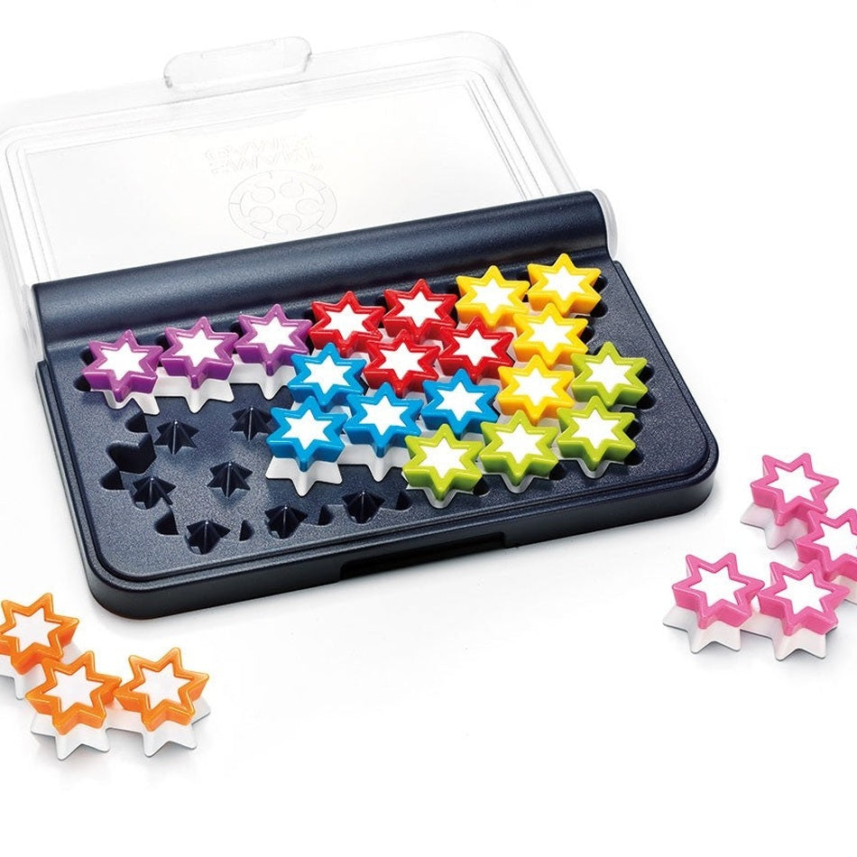 Smart Games IQ Stars puzzle toy with colorful star-shaped pieces in a navy storage case
