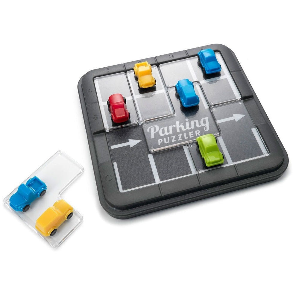 Smart Games Parking Puzzler board game with six colorful plastic cars on a grey grid