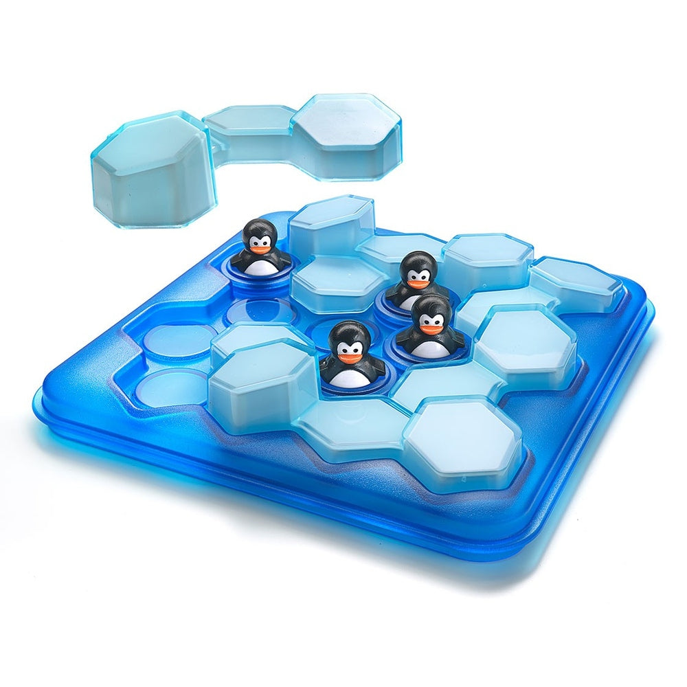 Smart Games Penguins Pool Party puzzle with 5 penguin figurines on blue hexagonal ice tiles game board