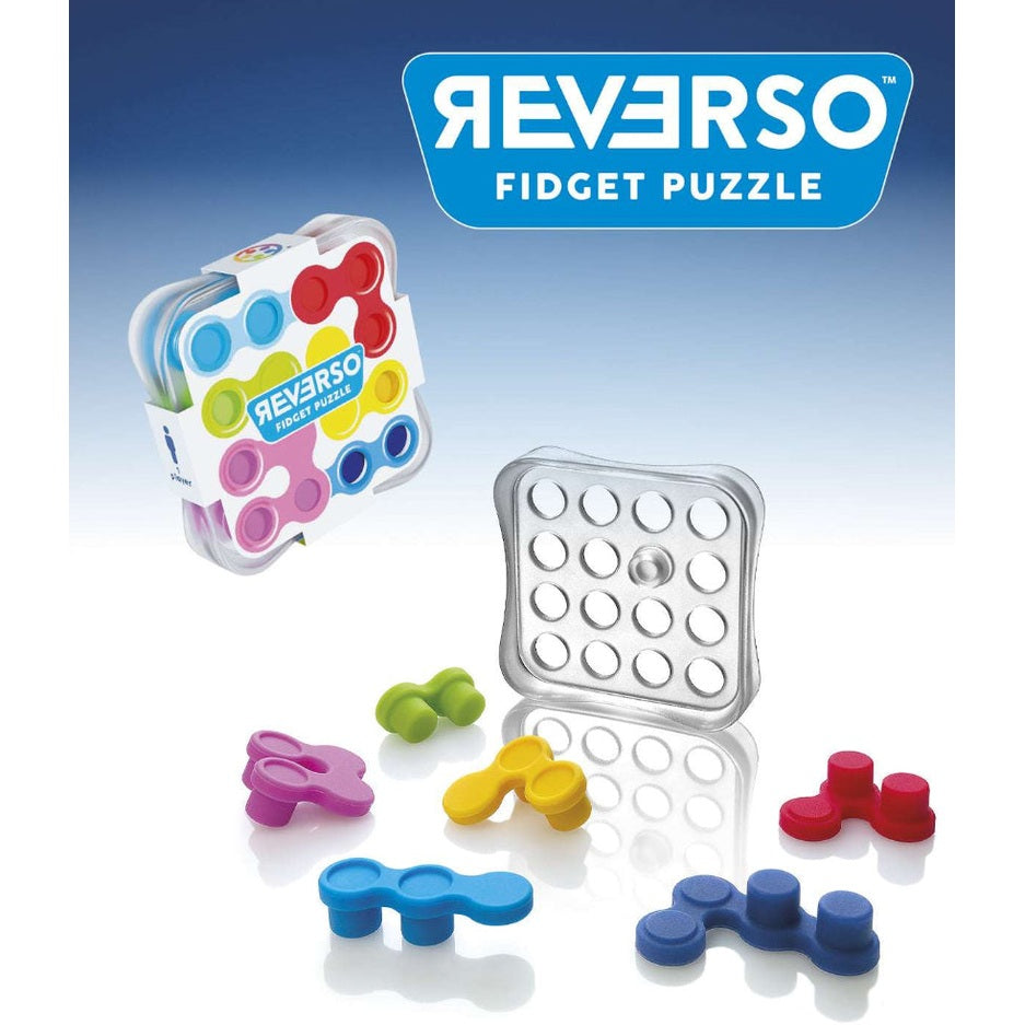Smart Games Reverso fidget puzzle set with six colorful pieces and a metal grid