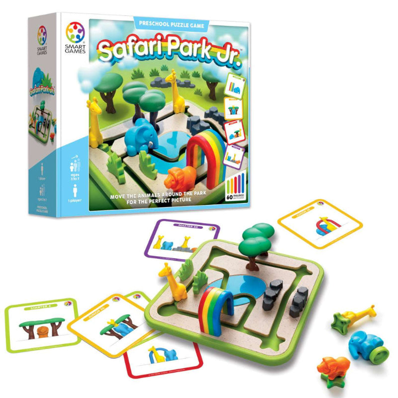 Safari Park Jr. puzzle game by SMART GAMES; colorful animal figures, rainbow bridge, and game board.