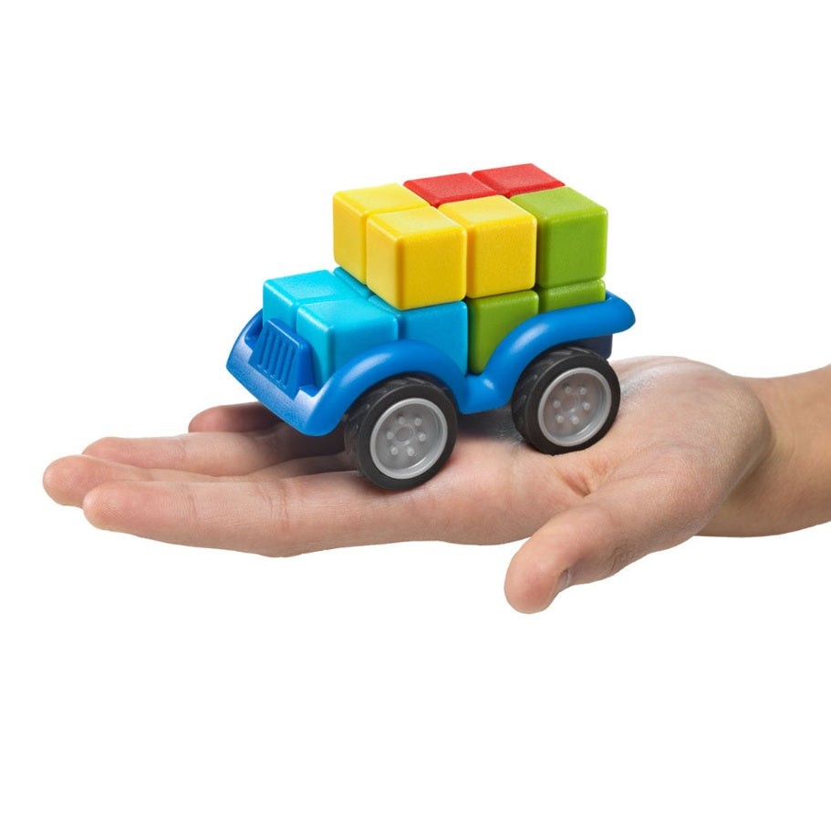 Smart Games Smartcar Mini blue toy car with stacked yellow, red and green blocks in hand
