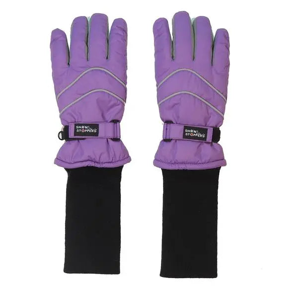 Snowstoppers Nylon Gloves Purple, pair worn on wrists with adjustable straps and black knit cuffs.