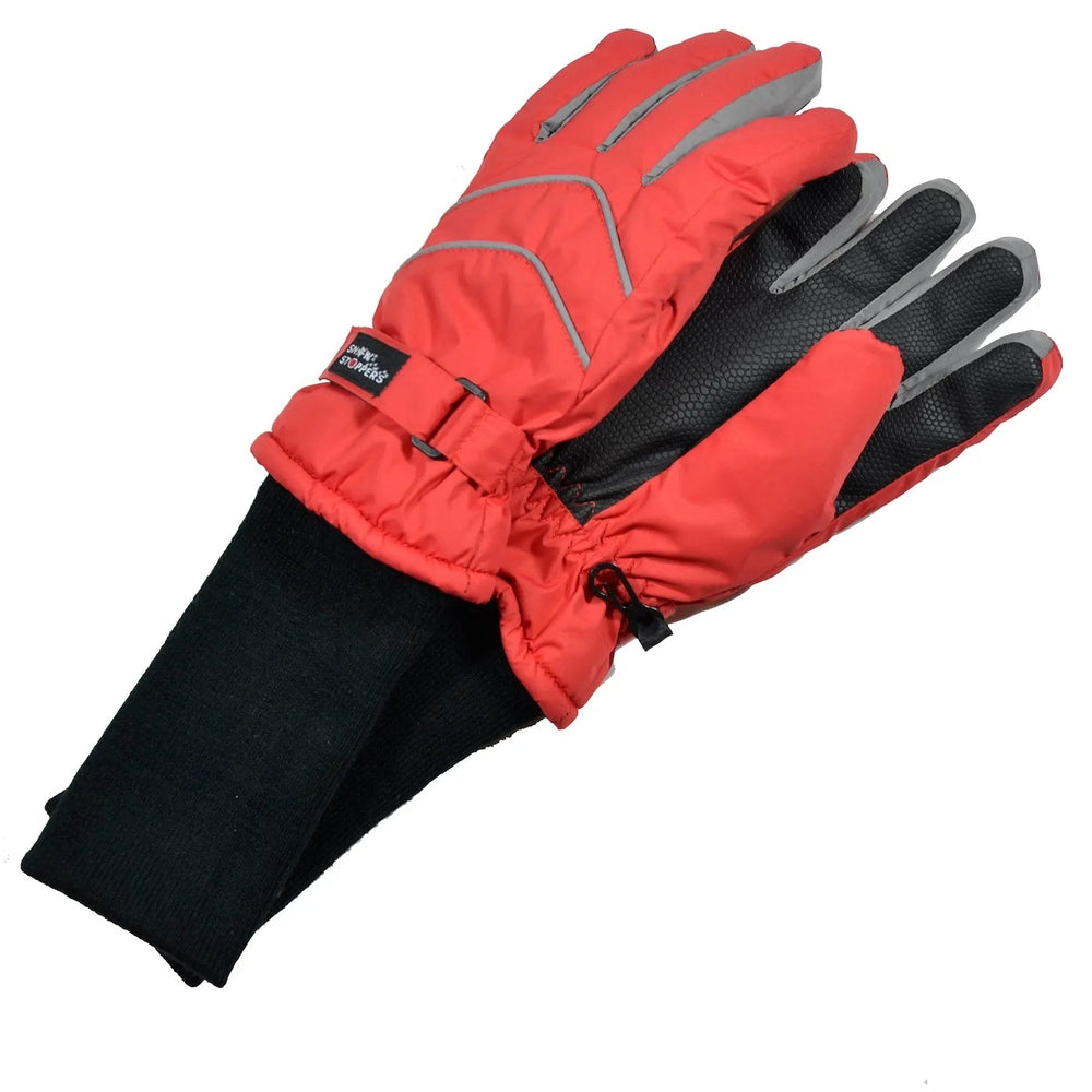 Snowstoppers Nylon Gloves Red worn on hand, red shell with black textured palm grip and adjustable cuff.