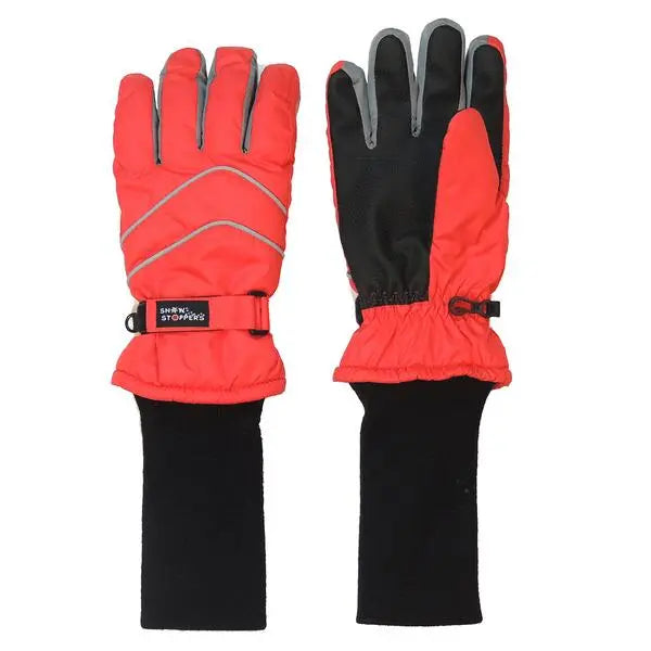 Snowstoppers Nylon Gloves Red, red-black pair shown with adjustable cuffs being fastened to block chilly wind.