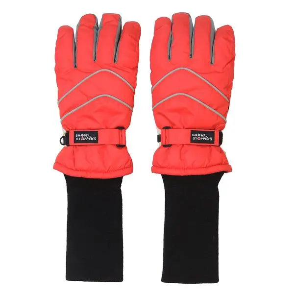 Snowstoppers Nylon Gloves Red, a pair with reflective piping and buckled adjustable straps around the wrists.