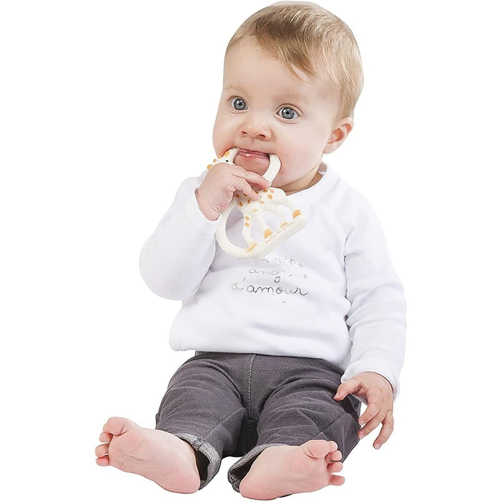 Sophie La Girafe teething ring for babies; ivory giraffe teether with orange spots