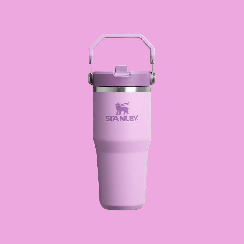 Stanley Iceflow 2.0 Flip Straw Tumbler 14oz in pink with purple lid; cap flipped open for sipping.
