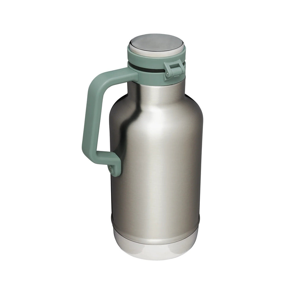 STANLEY The Easy-Pour Growler 64 oz stainless steel bottle with teal lid and handle.