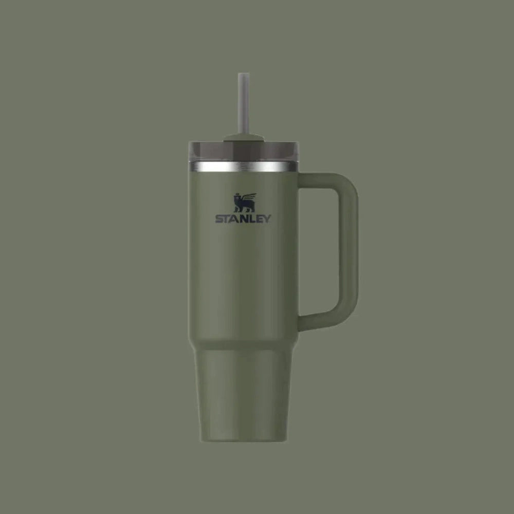 Stanley The Quencher H2.0 Flowstate 30 oz olive green tumbler with straw extended and handle.