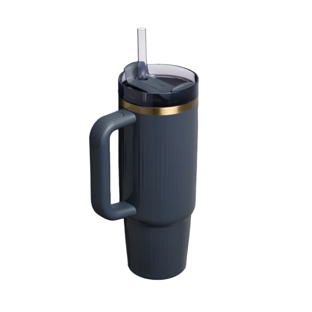 STANLEY Quencher H2.0 Fluted Tumbler 30 oz blue with straw lid and gold accent