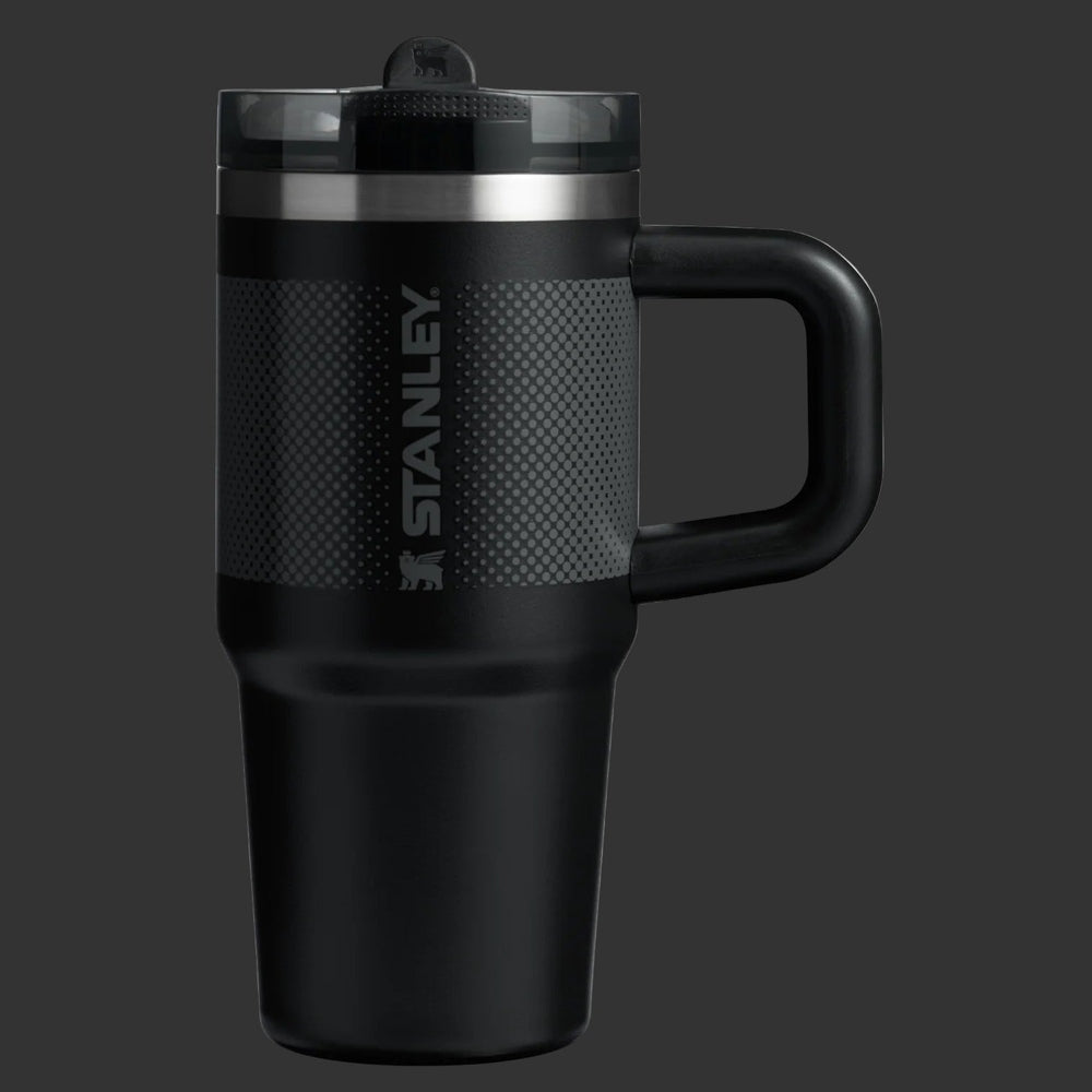 STANLEY The Quencher Protour Flip Straw Tumbler 14 oz in black with textured grip and side handle, flip-top lid.