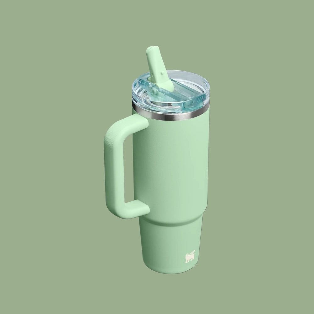 Stanley The Quencher Protour Flip Straw Tumbler 30 oz in mint green, with a raised flip straw and sturdy side handle.