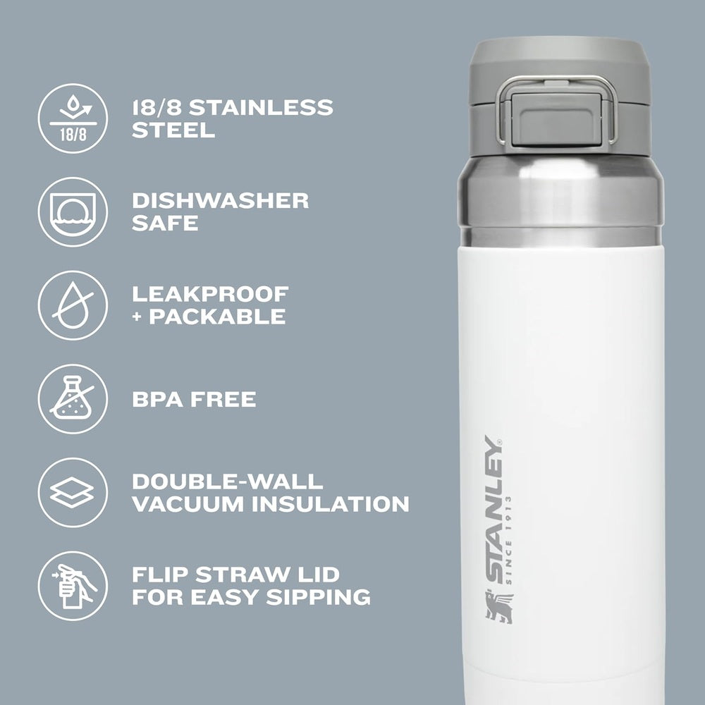 Stanley The Quick Flip GO Bottle 24 oz stainless steel, flip straw lid in use for easy sipping; leakproof, BPA free, double-wall vacuum insulation.