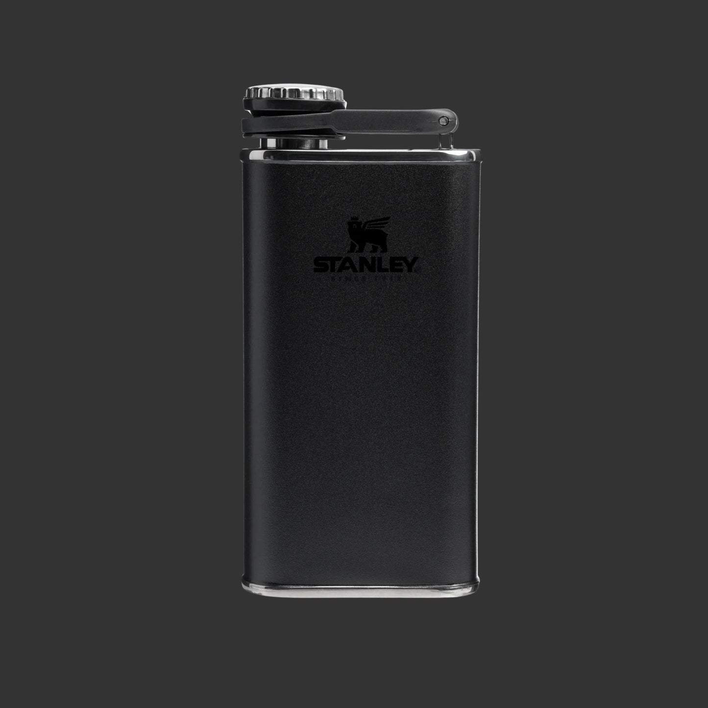 Stanley Classic Flask 8oz in black matte finish with hinged cap secured atop, standing upright.