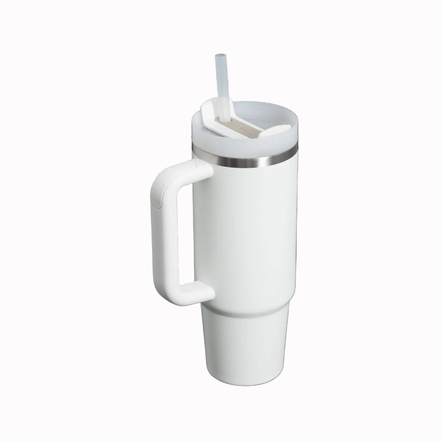 STANLEY Adventure Quencher H2.O Travel Mug Tumbler 2.0 30oz white with handle; straw inserted in lid.