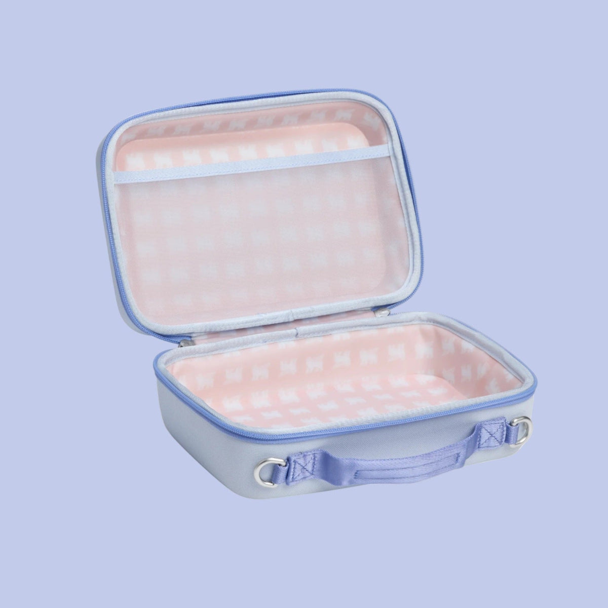 Stanley Allday Mini Lunchbox 4.2Qt/4.0L in pastel blue, open to reveal pink patterned interior and lid pocket.