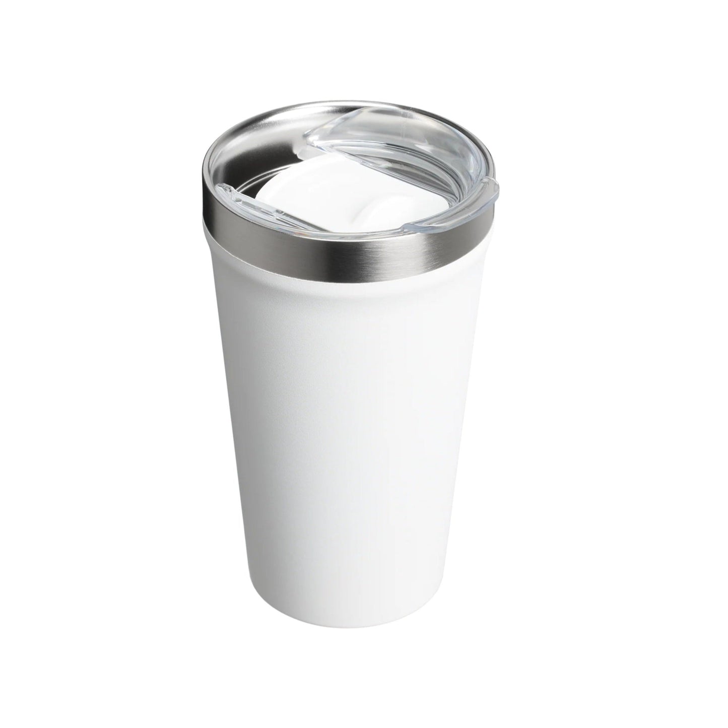 STANLEY Everyday Tumbler 16oz white stainless steel bottle with clear spill‑proof lid for on‑the‑go hydration.