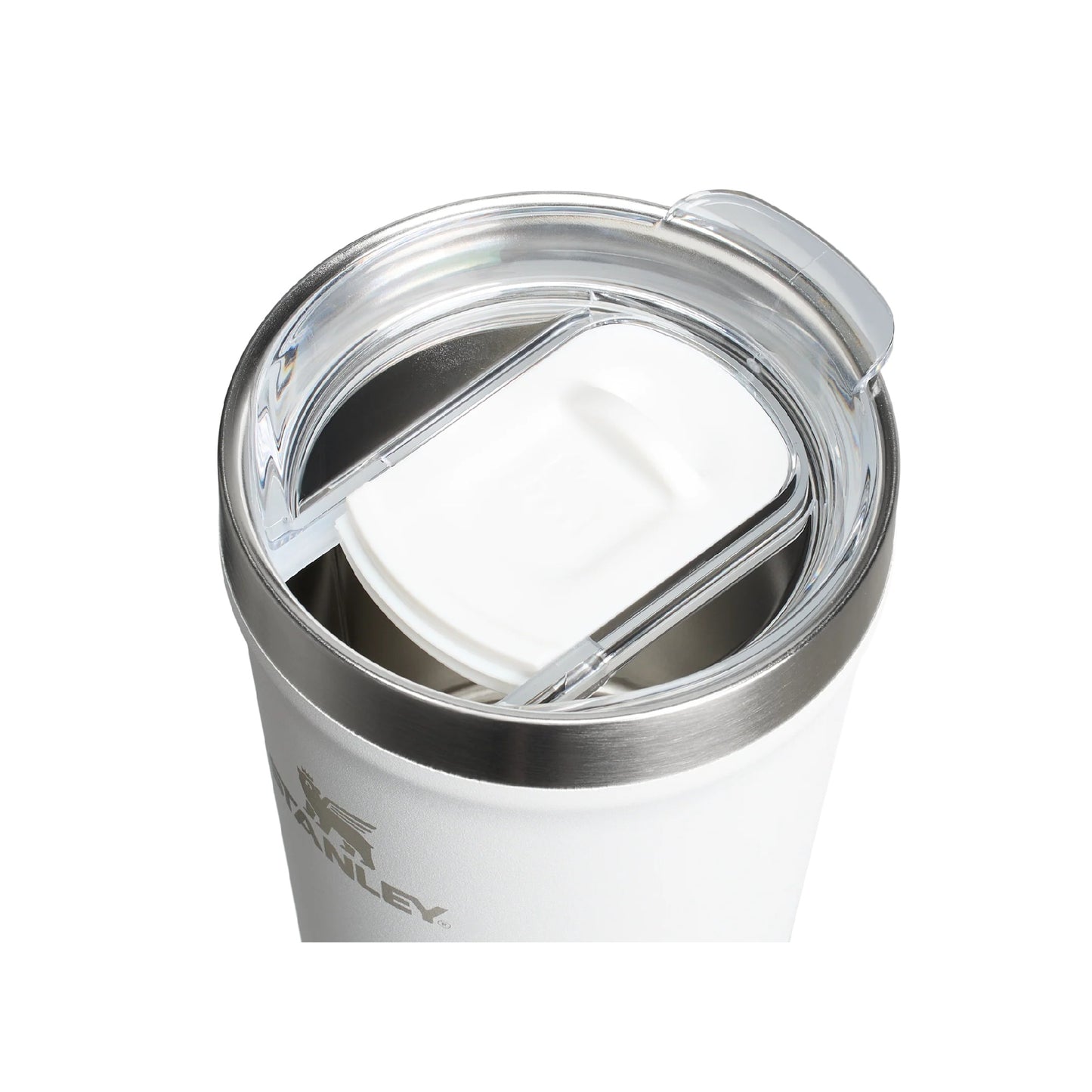Stanley Everyday Tumbler 16oz with clear lid and white slider, showing the open sip lid.