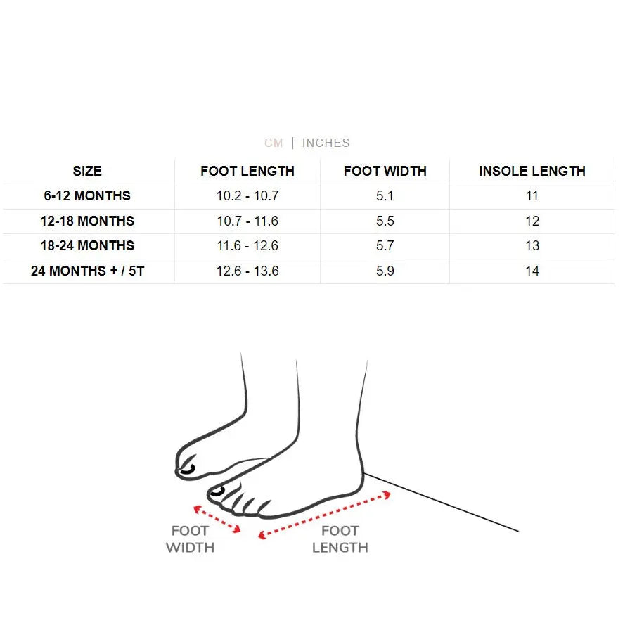 Stonz Cruiser Original Baby Shoes Dusty Rose with size guide chart and feet being measured for length and width.